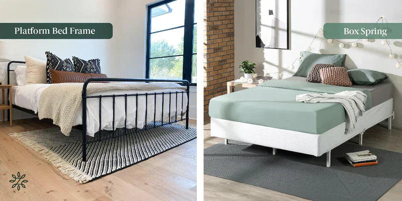 Side-by-side comparison of platform bed frame with slats versus traditional box spring setup for sleep quality