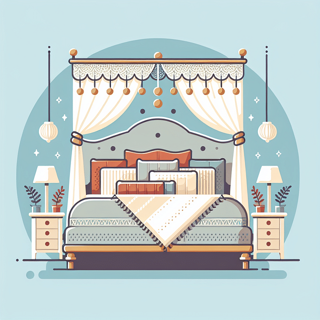 canopy bed with an assortment of decorative pillows and a cozy throw