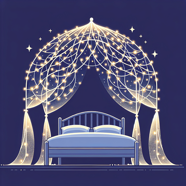 canopy bed with twinkling fairy lights woven through