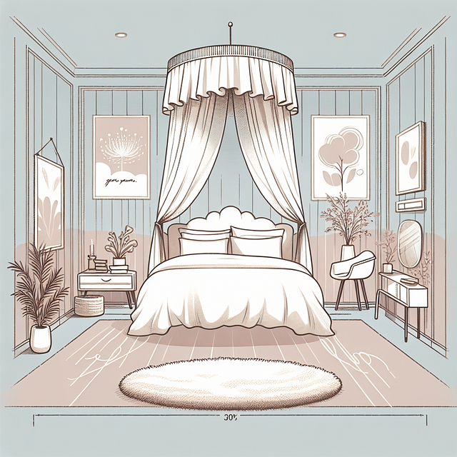 cozy bedroom with canopy bed, plush rug, and inspiring artwork