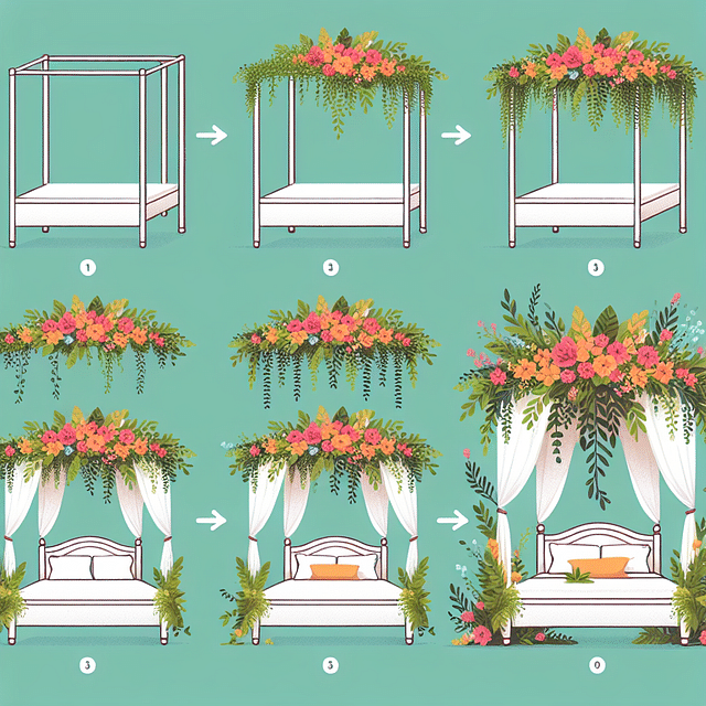 canopy bed frame adorned with natural greenery and flowers