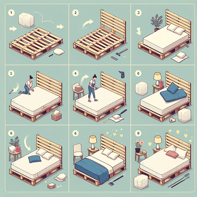placing a mattress and bedding on a finished pallet bed frame