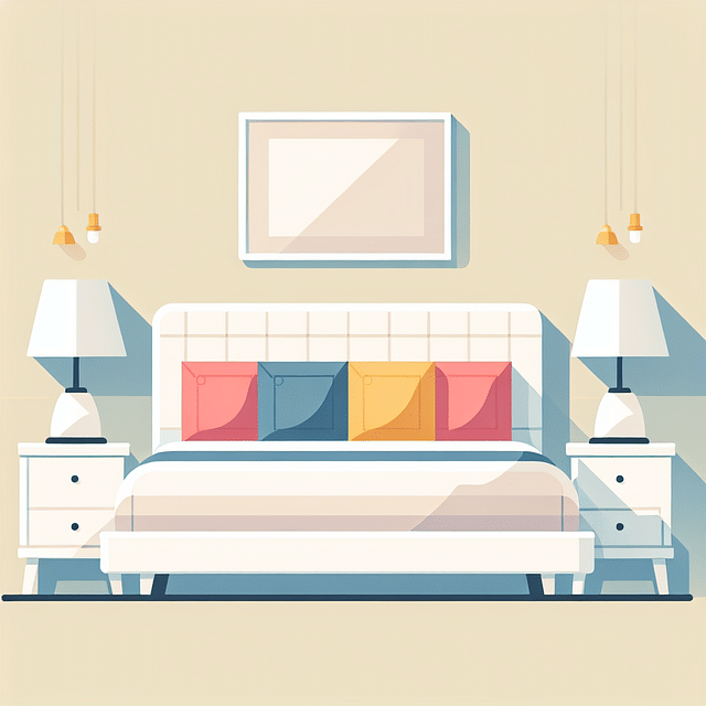 white bed frame with light-colored bedding and colorful pillows