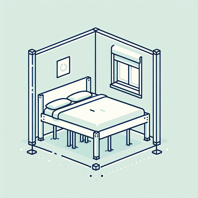 white bed frame with raised legs in a small bedroom