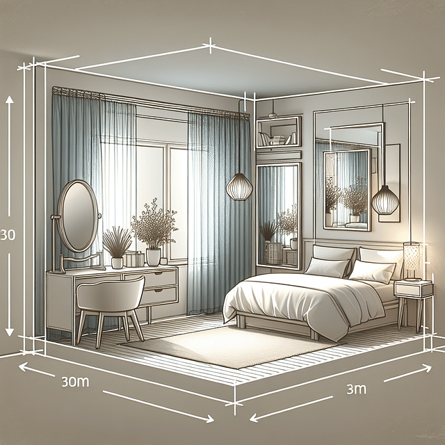 small bedroom with mirrors and light curtains