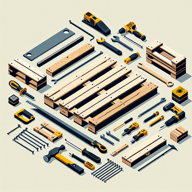 wooden pallets and tools laid out for a DIY project