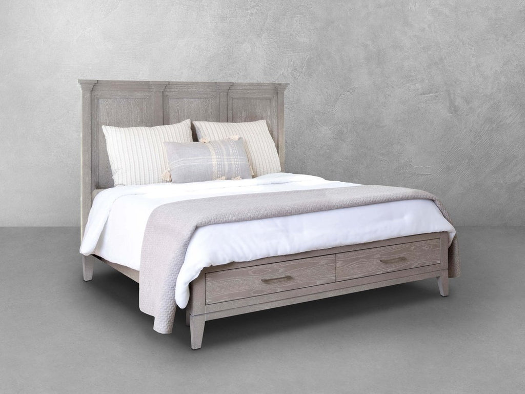 elegant white wooden bed frame with carvings