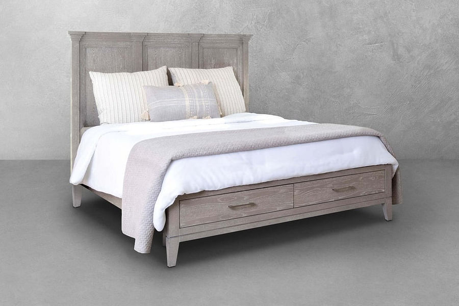 elegant white wooden bed frame with carvings