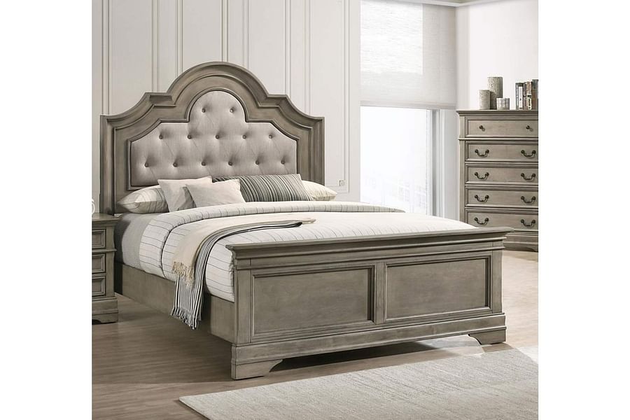 white wooden bed frame upholstered headboard