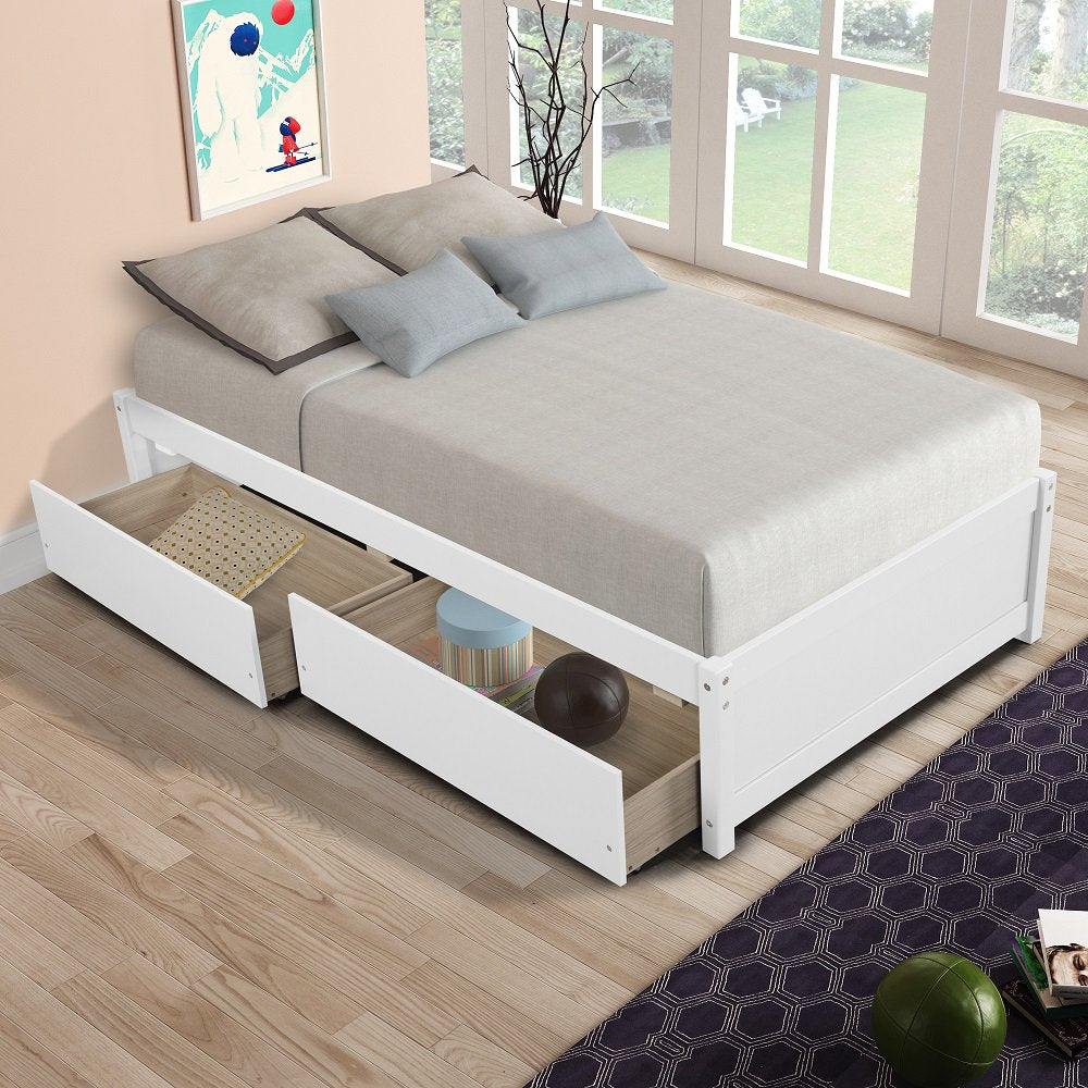 white wooden bed frame with storage