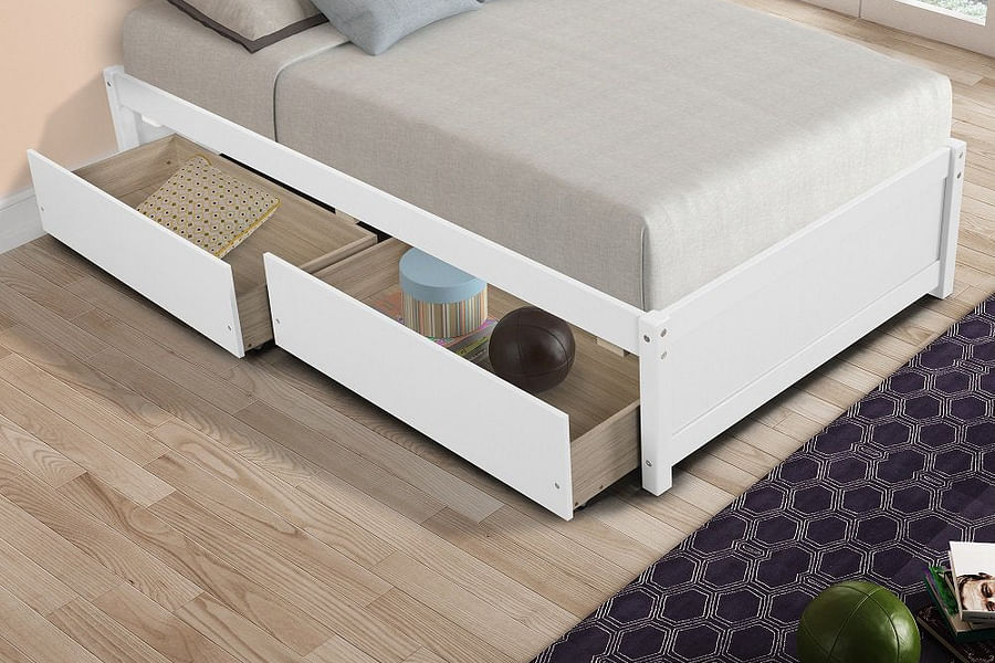 white wooden bed frame with storage
