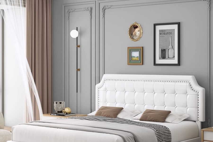 white bed frame with storage