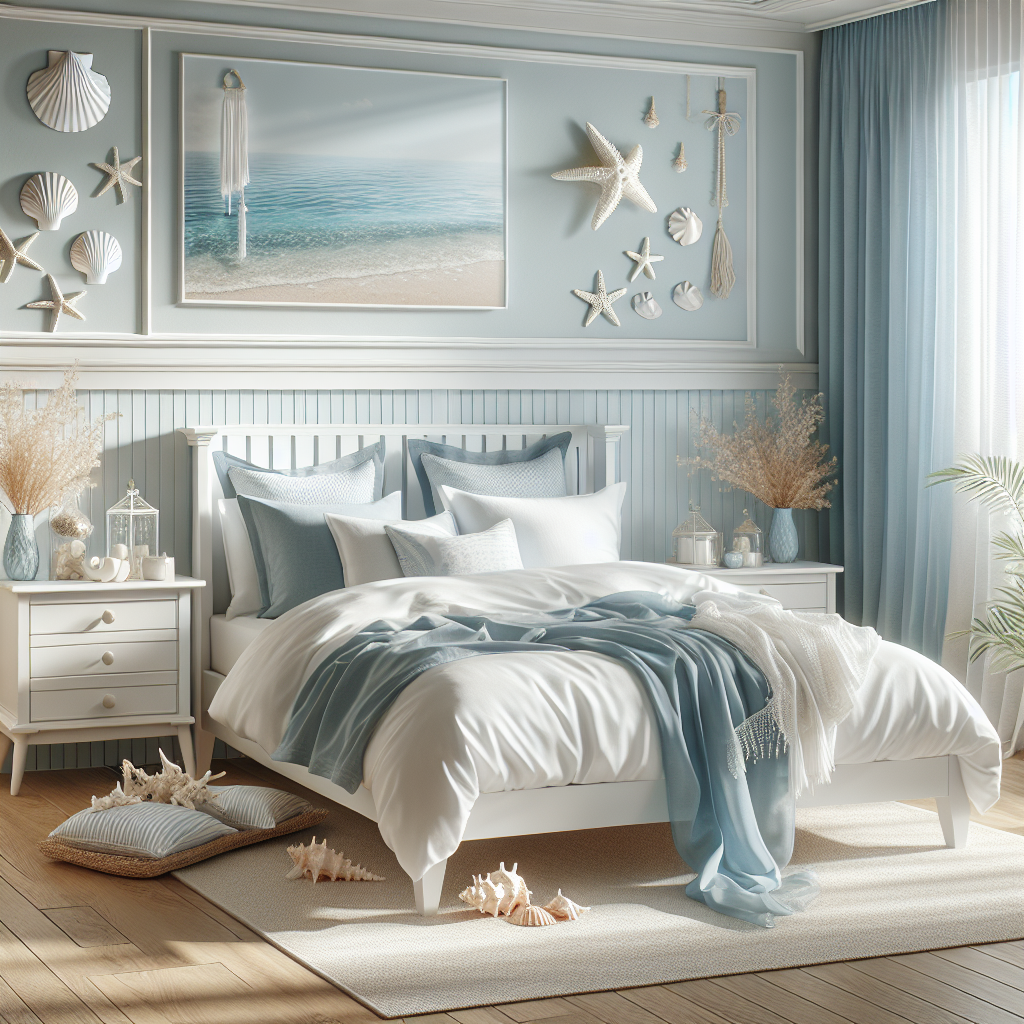 coastal bedroom decor with white bed frame