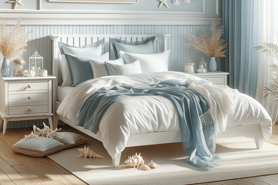 coastal bedroom decor with white bed frame