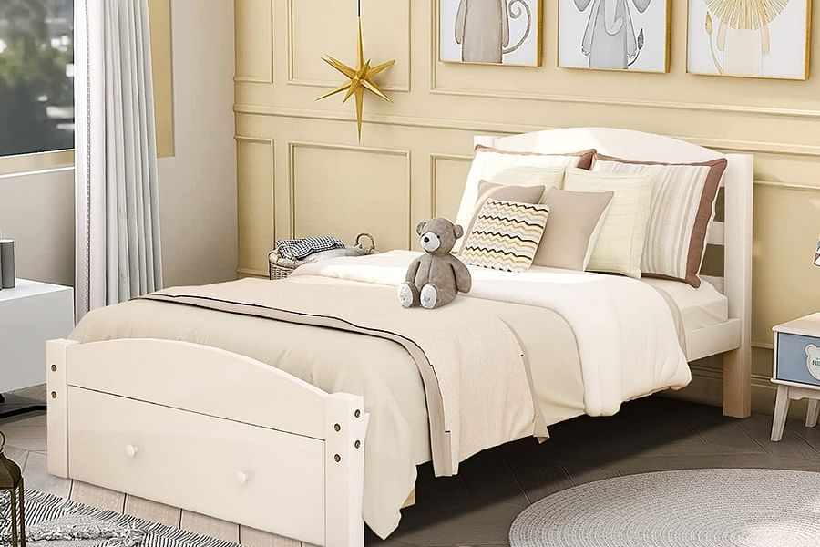 contemporary bedroom with white bed frame