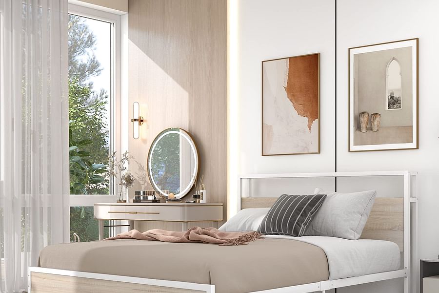 industrial bedroom with white bed frame