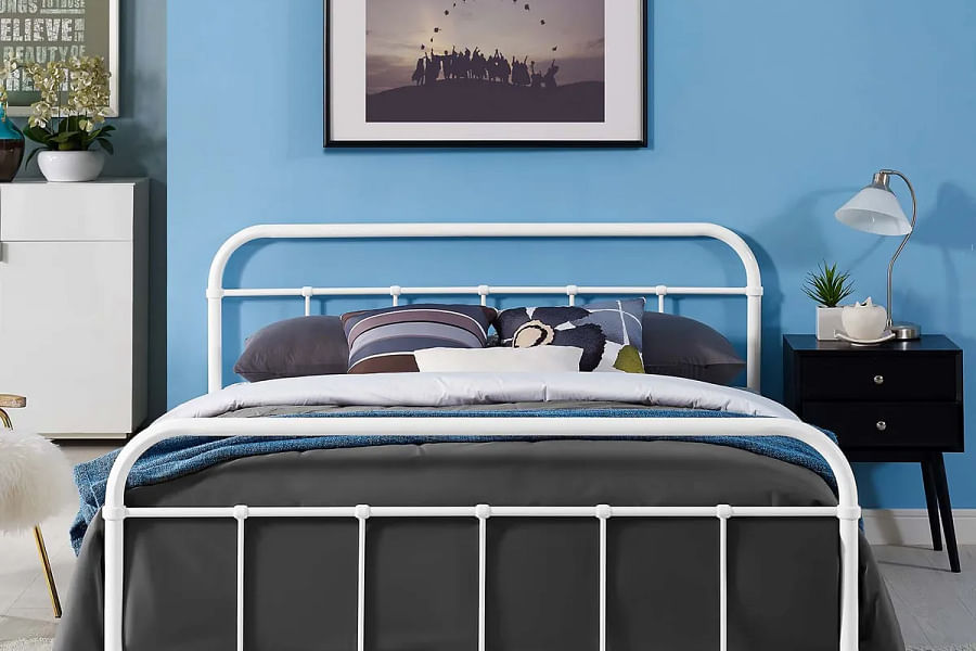 modern farmhouse bedroom with white bed frame