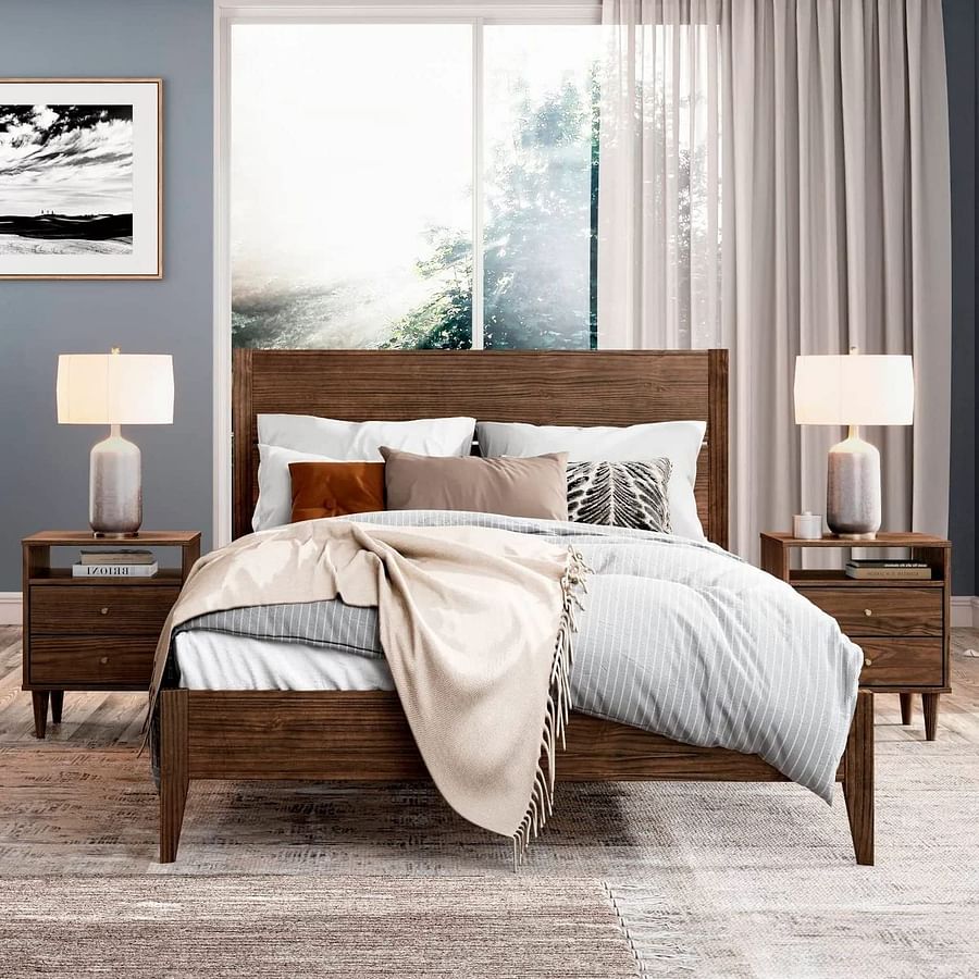 Modern wooden bed frame in a contemporary styled bedroom
