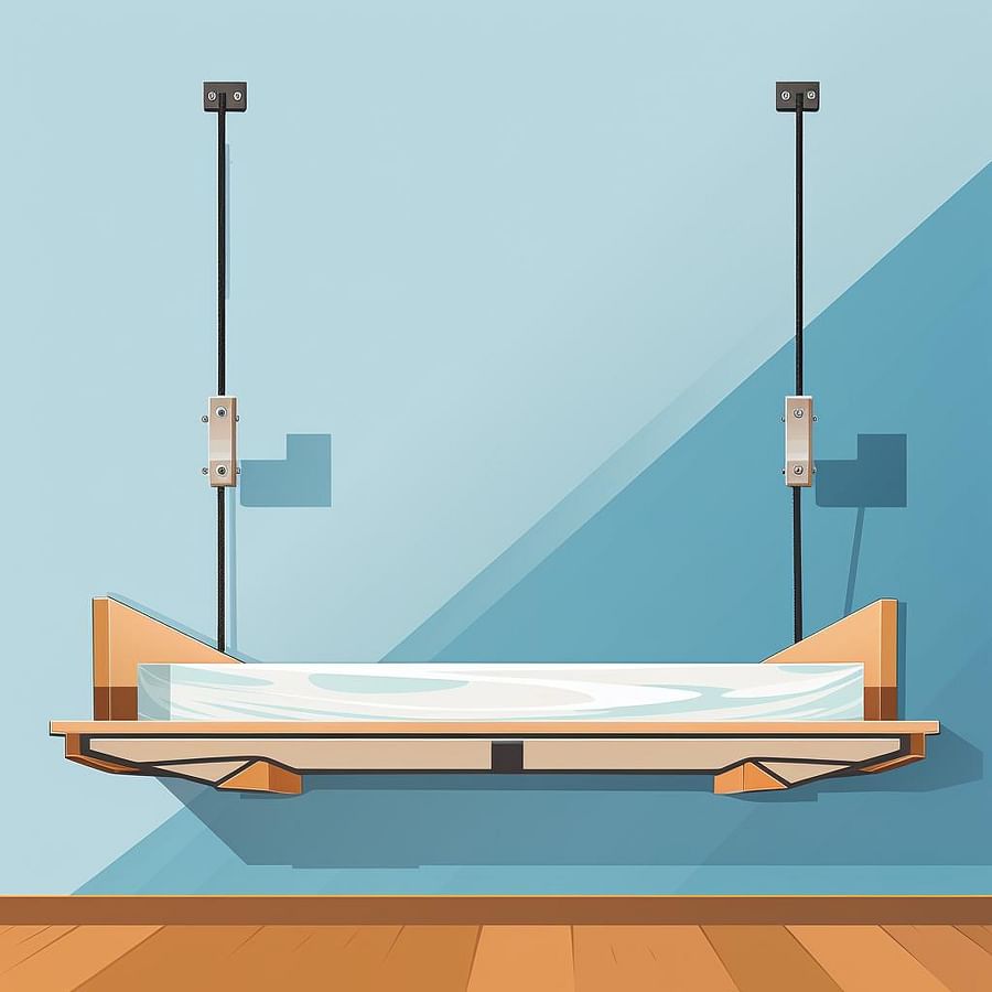 A floating bed frame being attached to the wall-mounted brackets.
